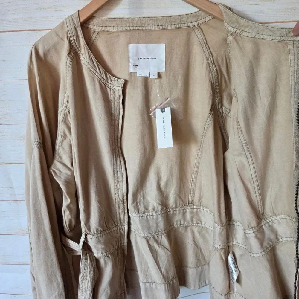 By Anthropologie Belted Round Neck Utility Jacket Tan Brown Size XL Sand Sable - Picture 11 of 15